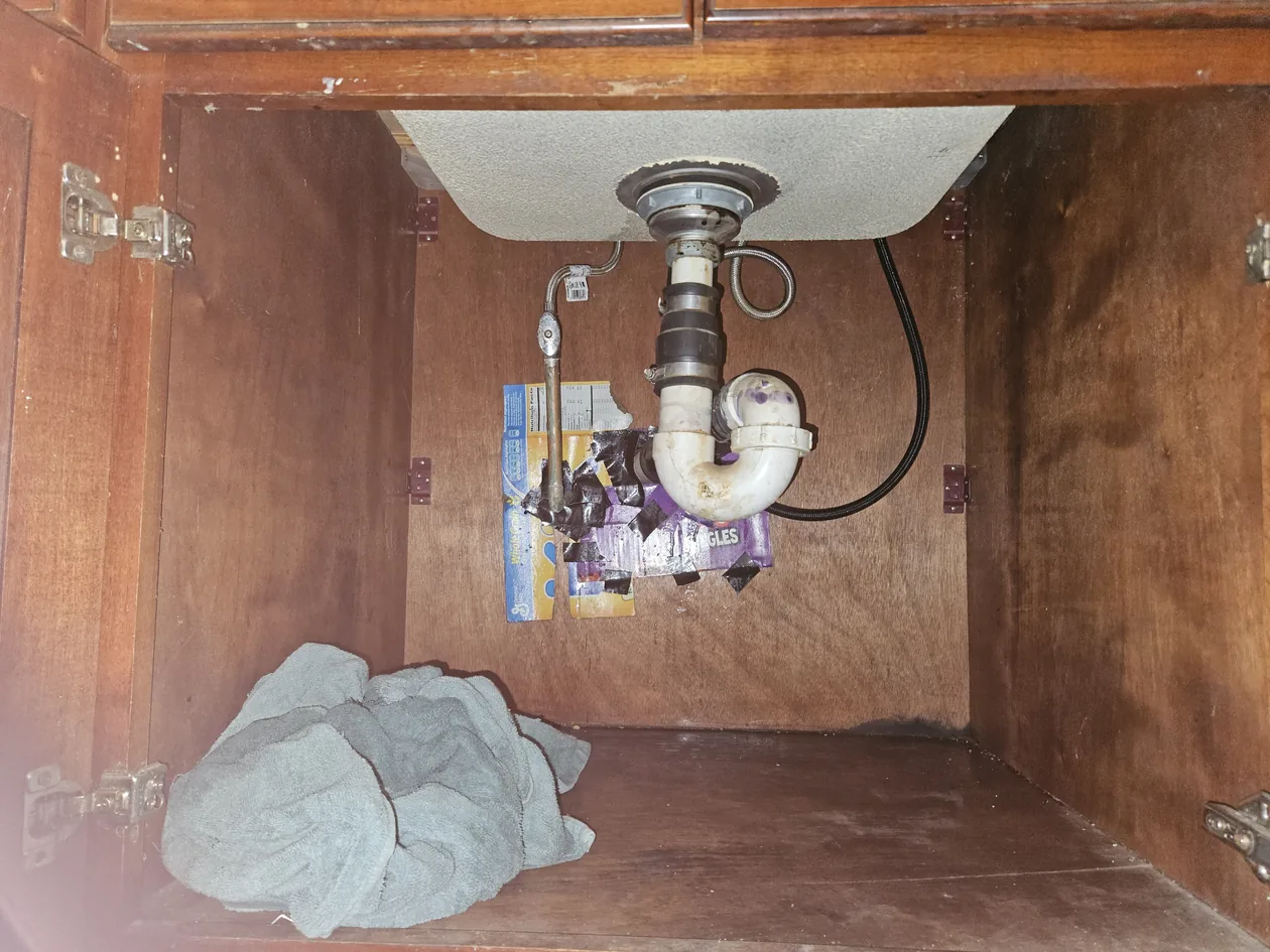 Sink drain and plumbing connections beneath a cabinet.